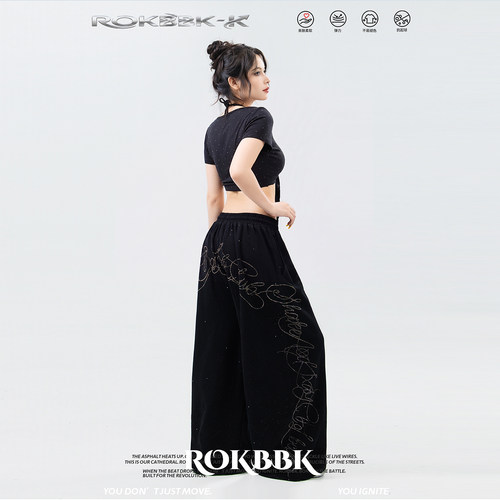 ROKBBK黑色烫钻亮片阔腿女裤