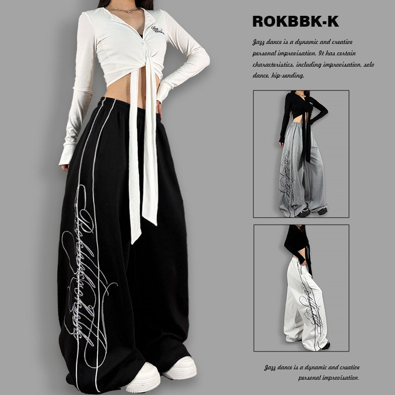 ROKBBK－K/布韩美式嘻哈风侧缝刺绣条宽松休闲长裤女街头运动裤
