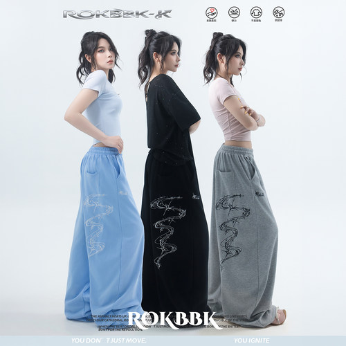 ROKBBK嘻哈刺绣阔腿休闲爵士裤女