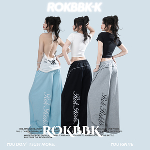 ROKBBK街头休闲风字母印花阔腿裤女抽绳宽松运动裤多色潮