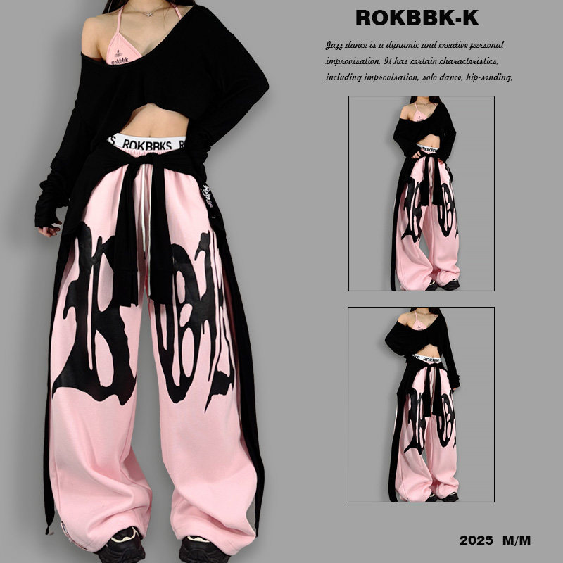 ROKBBK－K/布韩美式嘻哈风字母印花阔腿裤女宽松街头风休闲