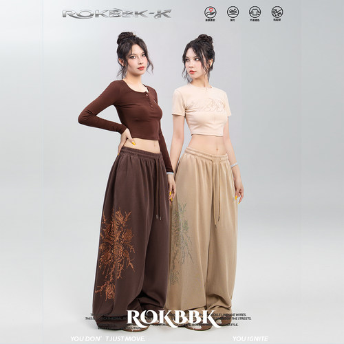 ROKBBK玫瑰烫钻阔腿休闲裤女