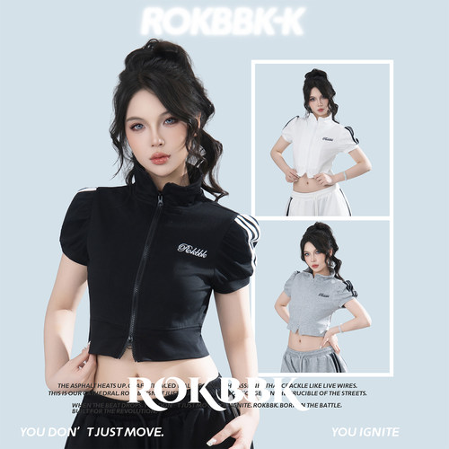 布韩三杠条纹短袖拉链开衫女潮