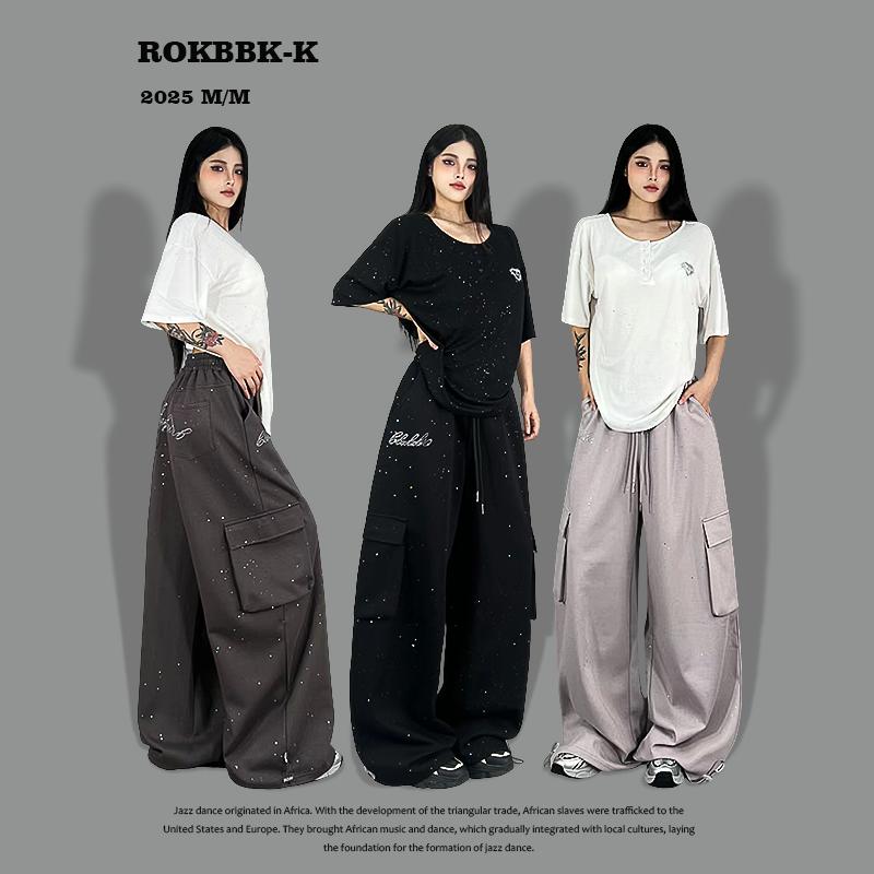 ROKBBK-K布韩街舞潮牌嘻哈美式复古早秋烫钻百搭休闲裤女jazz