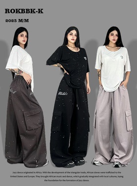 ROKBBK-K布韩街舞潮牌嘻哈美式复古早秋烫钻百搭休闲裤女jazz