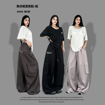ROKBBK-K布韩街舞潮牌嘻哈美式复古早秋烫钻百搭休闲裤女jazz