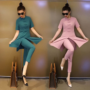 中长开叉网红爆款 两件套装 气质名媛立领改良旗袍短袖 时髦复古时尚