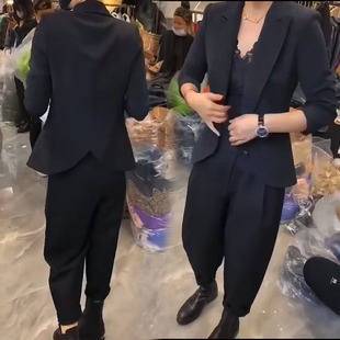 欧洲站2021秋冬新款气质名媛燕尾西服上衣哈伦裤两件套装个性显瘦