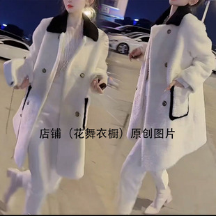 翻领宽松撞色环保羊羔毛外套女中长款双排扣翻领显瘦气质网红大衣
