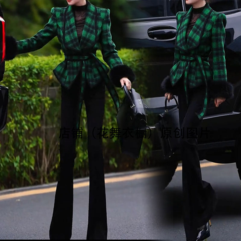 高级感格纹毛呢外套女秋冬毛毛袖口收腰西装大衣显瘦气质名媛个性