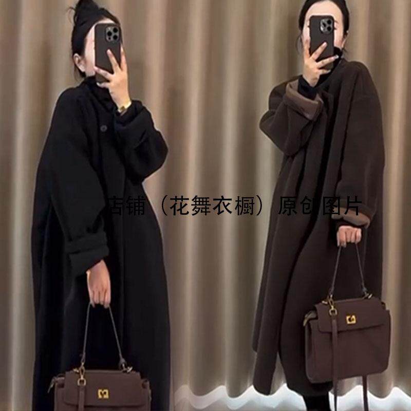 2024秋冬高级感女赫本风韩范毛呢外套仿羊羔毛中长款大衣宽松时尚
