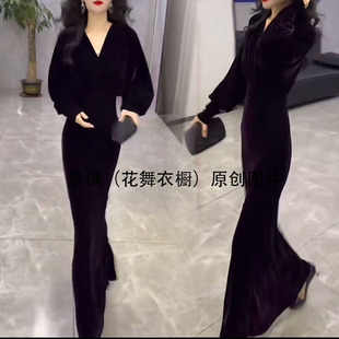 气质名媛显瘦蝙蝠轻熟风V领连衣裙紫色长款气质高端御姐风礼服裙