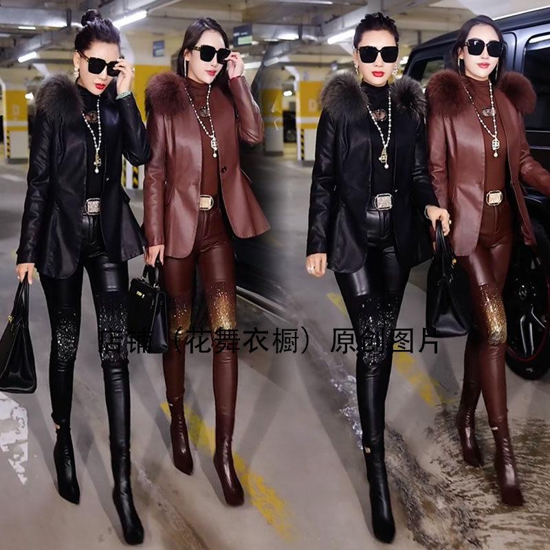 网红同款水洗皮时尚套装女冬毛领外套打底裤韩版两件套重工pu显瘦