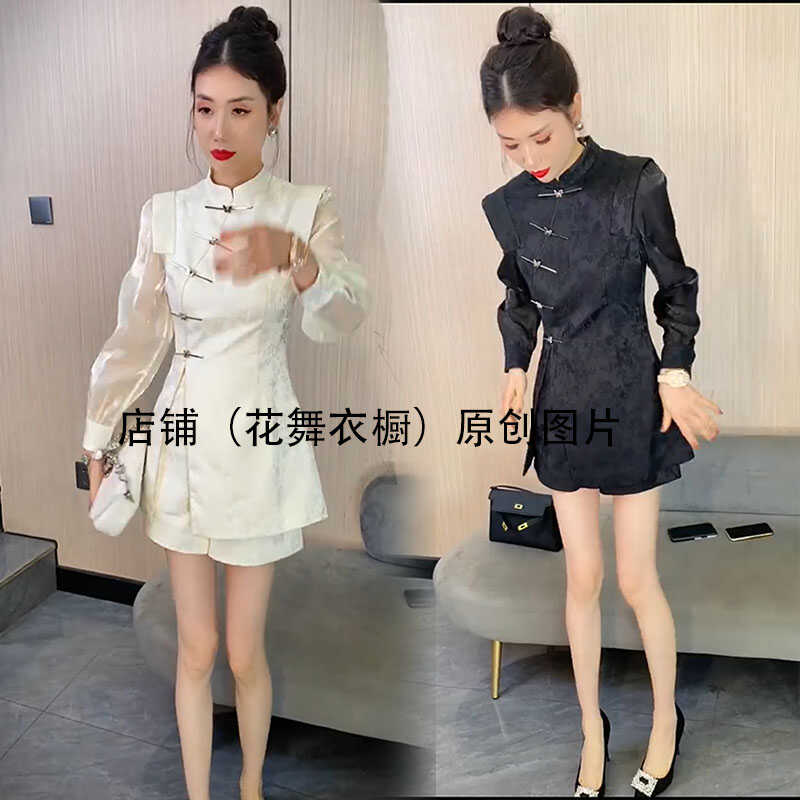 复古新中式改良旗袍时髦短裤两件套装2024夏新款显瘦收腰蝴蝶扣潮