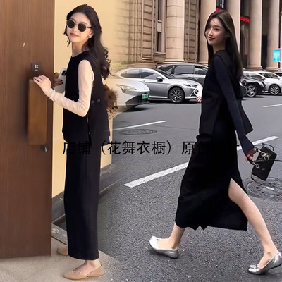 气质黑色t恤开叉背心上衣春装搭配一整套女显瘦半身裙三件套装潮
