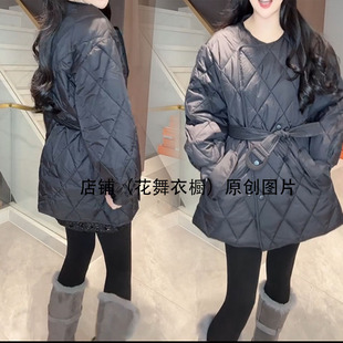韩版菱格纹棉服女中长款收腰显瘦时髦通勤棉衣外套休闲时尚简约潮