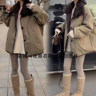 羊羔毛领派克服女冬季新款宽松加厚保暖中长款棉服外套两面穿时尚