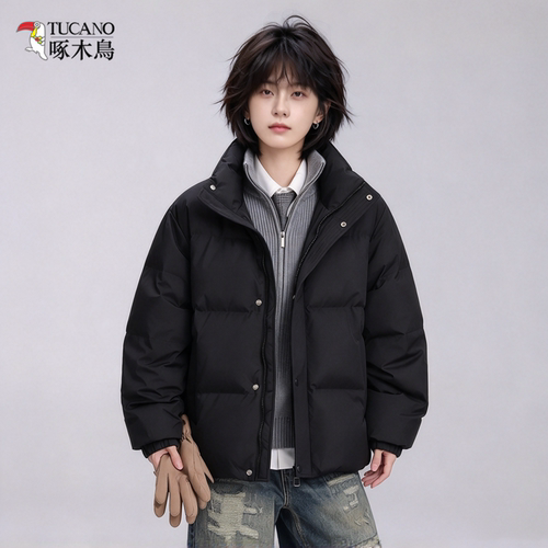 啄木鸟立领羽绒服女90白鸭绒宽松