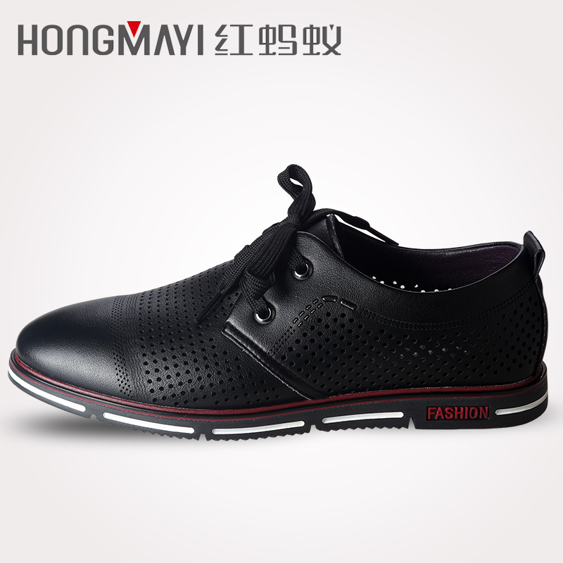 红蚂蚁凉鞋男3208夏季款正品平跟舒适真皮商务休闲透气系带洞洞鞋