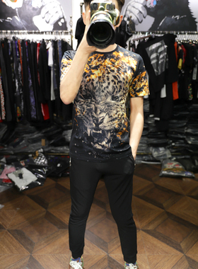 欧洲站时尚潮牌个性豹头火焰前后满印夏季男士圆领修身短袖T恤