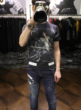 米兰站时尚欧洲潮流数码前后满印双丝光棉黑色圆领修身短袖T恤男