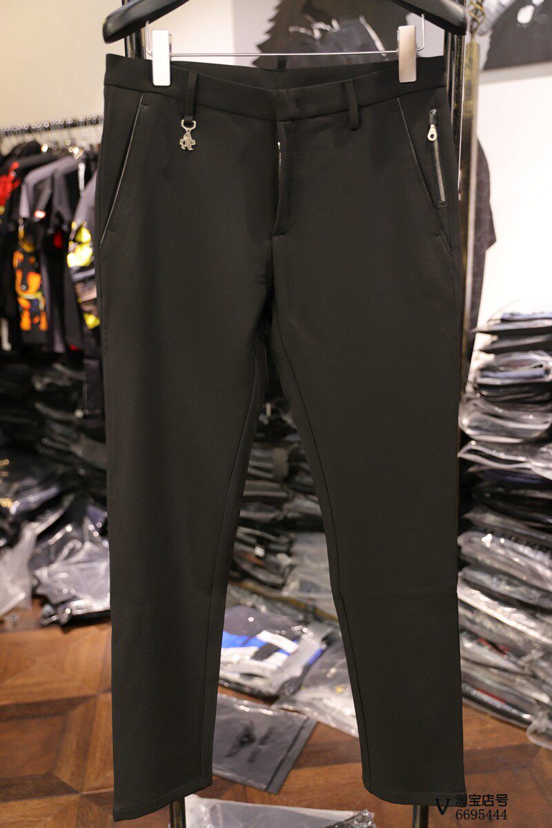 米兰站欧洲大魔王简约纯色金属挂件装饰优质修身小脚中腰长裤男