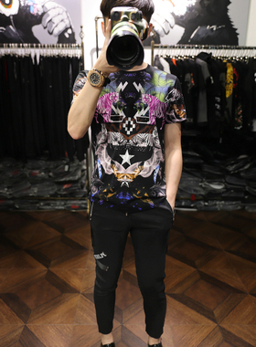 欧洲站时尚街潮个性老虎前后印花烫钻男士夏季圆领修身短袖T恤