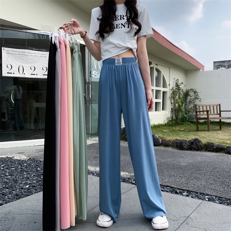冰冰裤春夏新款阔腿裤女冰丝高腰长裤休闲显瘦拖地裤织标腰跨境