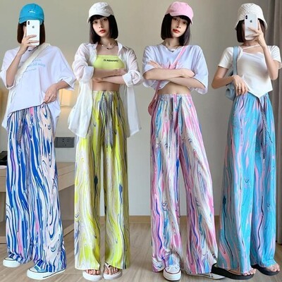 夏季新款褶皱风琴高腰宽松垂感休闲扎染印花彩虹条运动阔腿裤