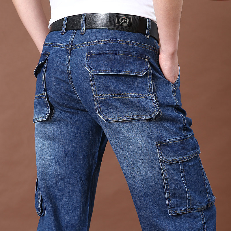 男士薄款大码宽松牛仔裤男裤2025秋季中腰直筒多袋工装男长裤子潮