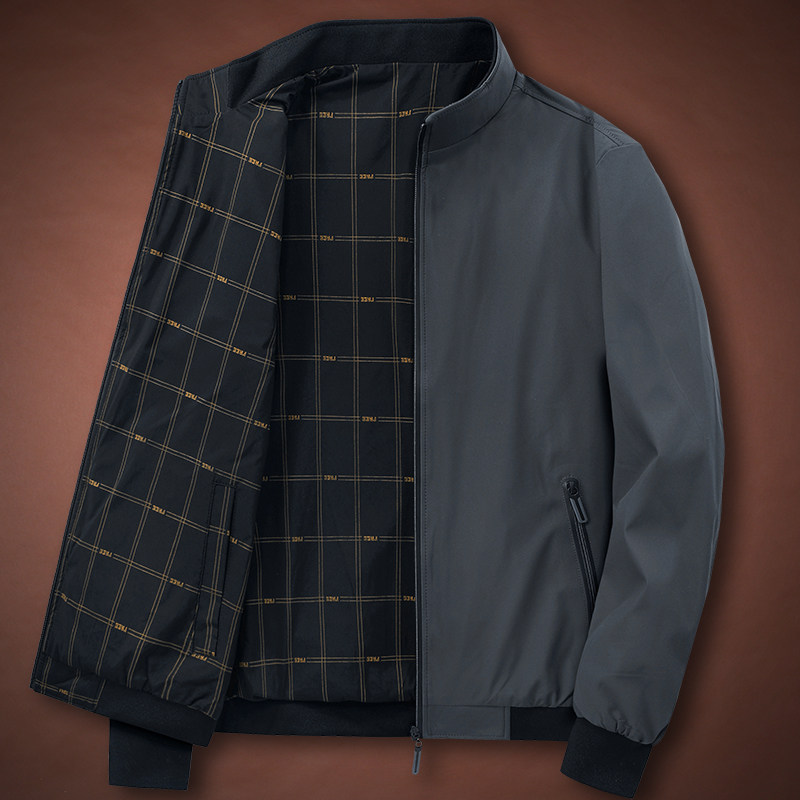 正反两面穿外套男春秋款中年爸爸春装男装户外休闲运动立领夹克潮