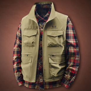 多口袋工装马甲时尚立领背心秋季薄款透气中年大码宽松男外套爸爸