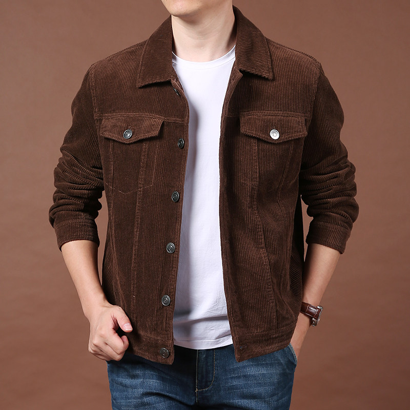 灯芯绒夹克男士外套秋季时尚休闲复古大码宽松潮流翻领工装茄克衫