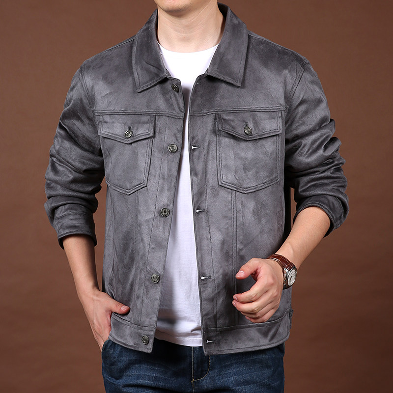 2026春装麂皮绒夹克男大码宽松多袋工装翻领外套时尚轻奢茄克衫潮