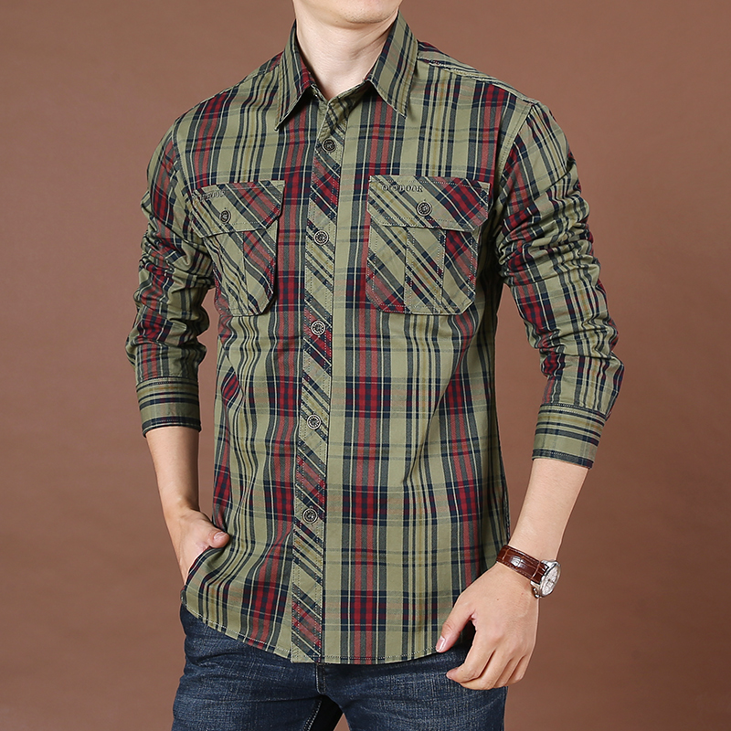 时尚大码宽松条纹格子水洗潮衬衫