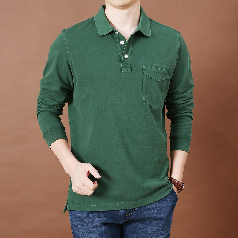 水洗纯棉加厚商务翻领长袖t恤男士大码休闲春秋季纯色POLO衫潮