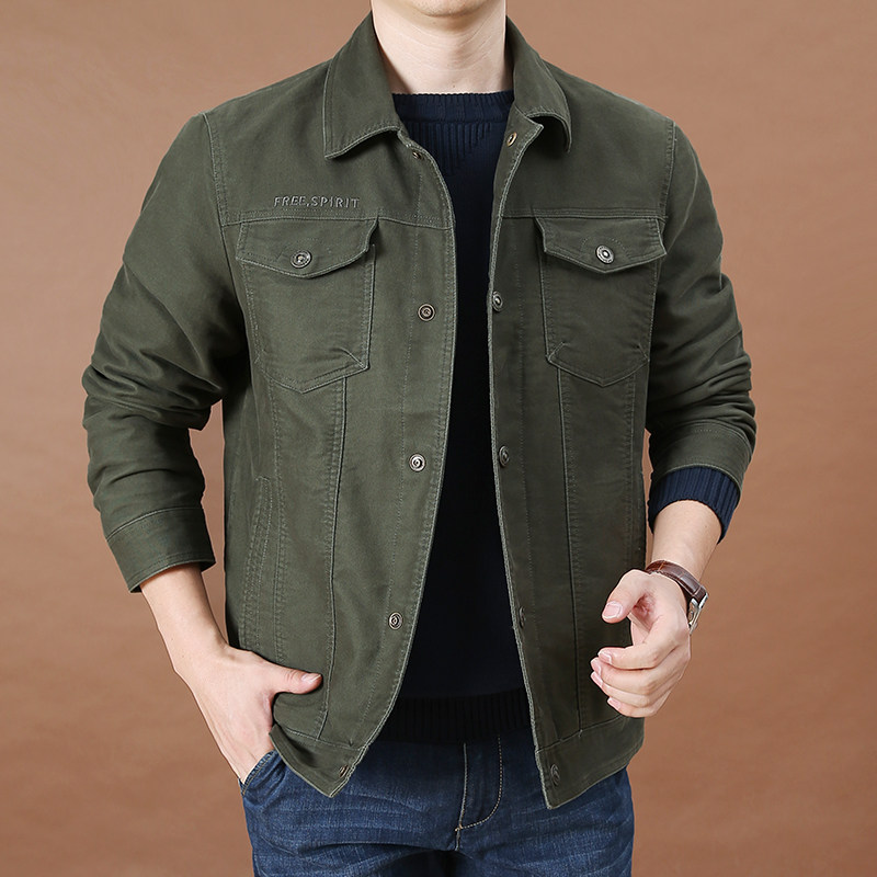 大码男士纯棉外套多口袋工装宽松夹克翻领商务中年休闲春装茄克潮