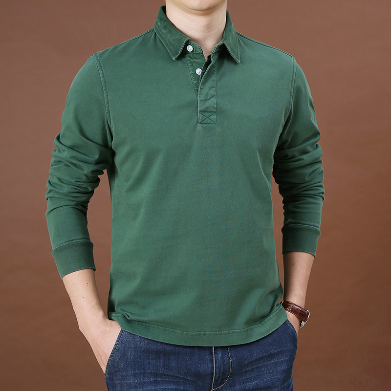 2026春季大码宽松polo衫男水洗纯棉长袖t恤翻领中年爸爸打底衫潮