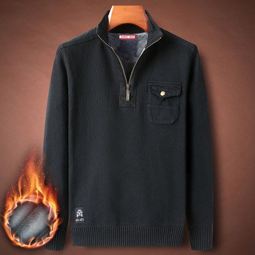加绒加厚针织衫口袋高领
