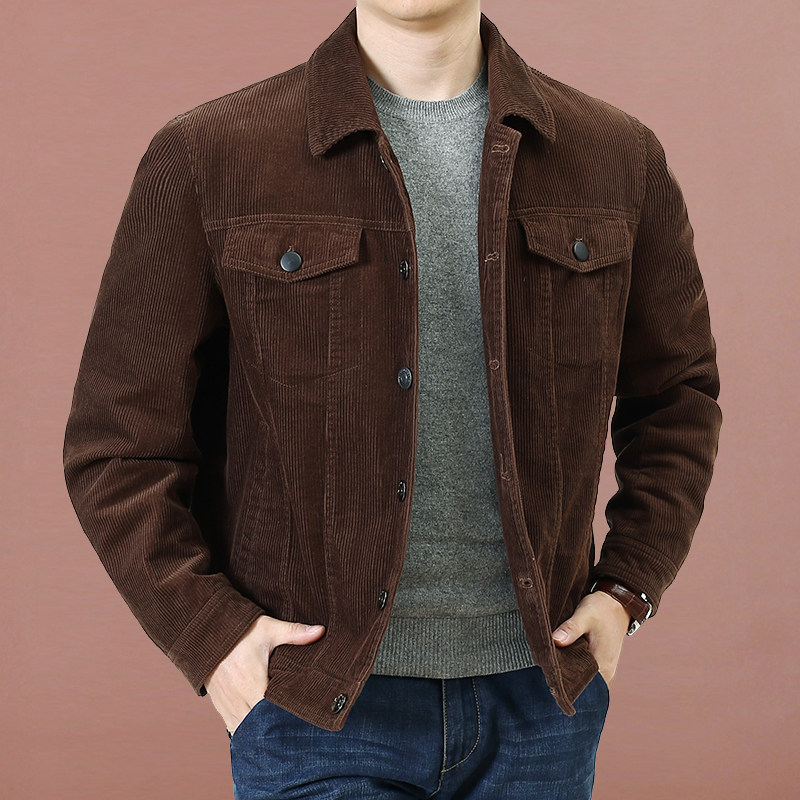 灯芯绒外套男秋季大码宽松夹克衫水洗纯棉休闲多袋工装翻领外套潮
