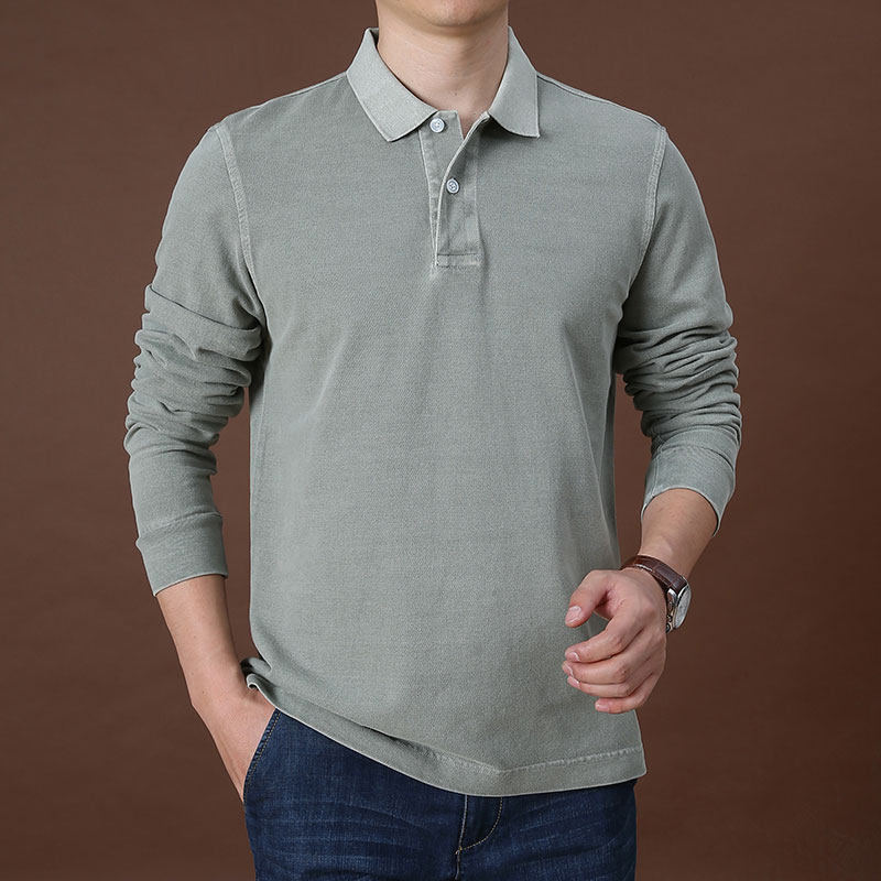 2026春季水洗纯棉长袖t恤男士打底衫时尚厚款纯色商务简约POLO衫