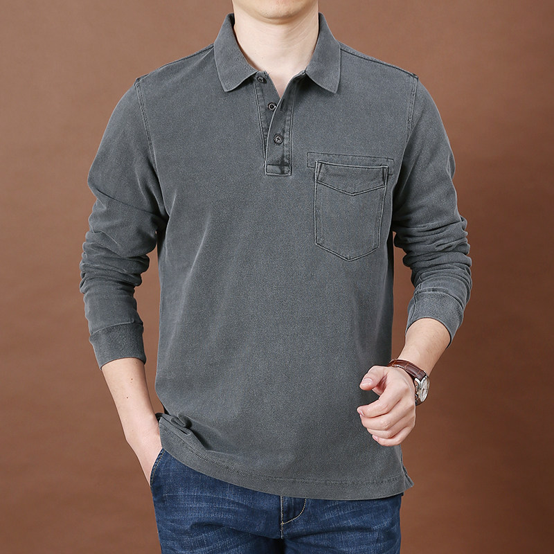 T恤衫男时尚厚款纯色口袋宽松POLO衫翻领商务休闲纯棉男装上衣潮