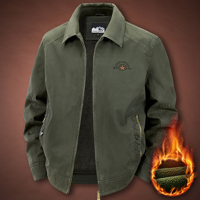 加绒加厚保暖翻领大码宽松棉衣男2025冬季时尚纯色水洗纯棉棉袄潮