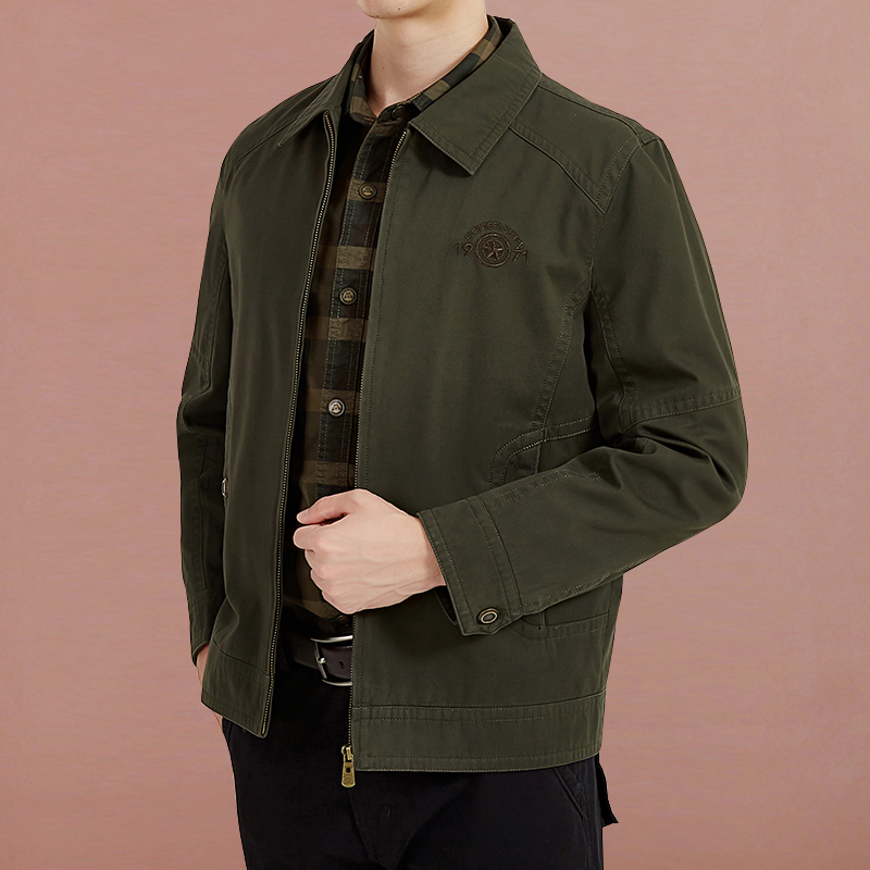 外套男秋冬季大码宽松翻领夹克男时尚水洗纯棉纯色茄克衫爸爸装