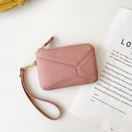 头层牛皮手拿小包真皮拼接拉链零钱包女款腕带小钱包钥匙包收纳包