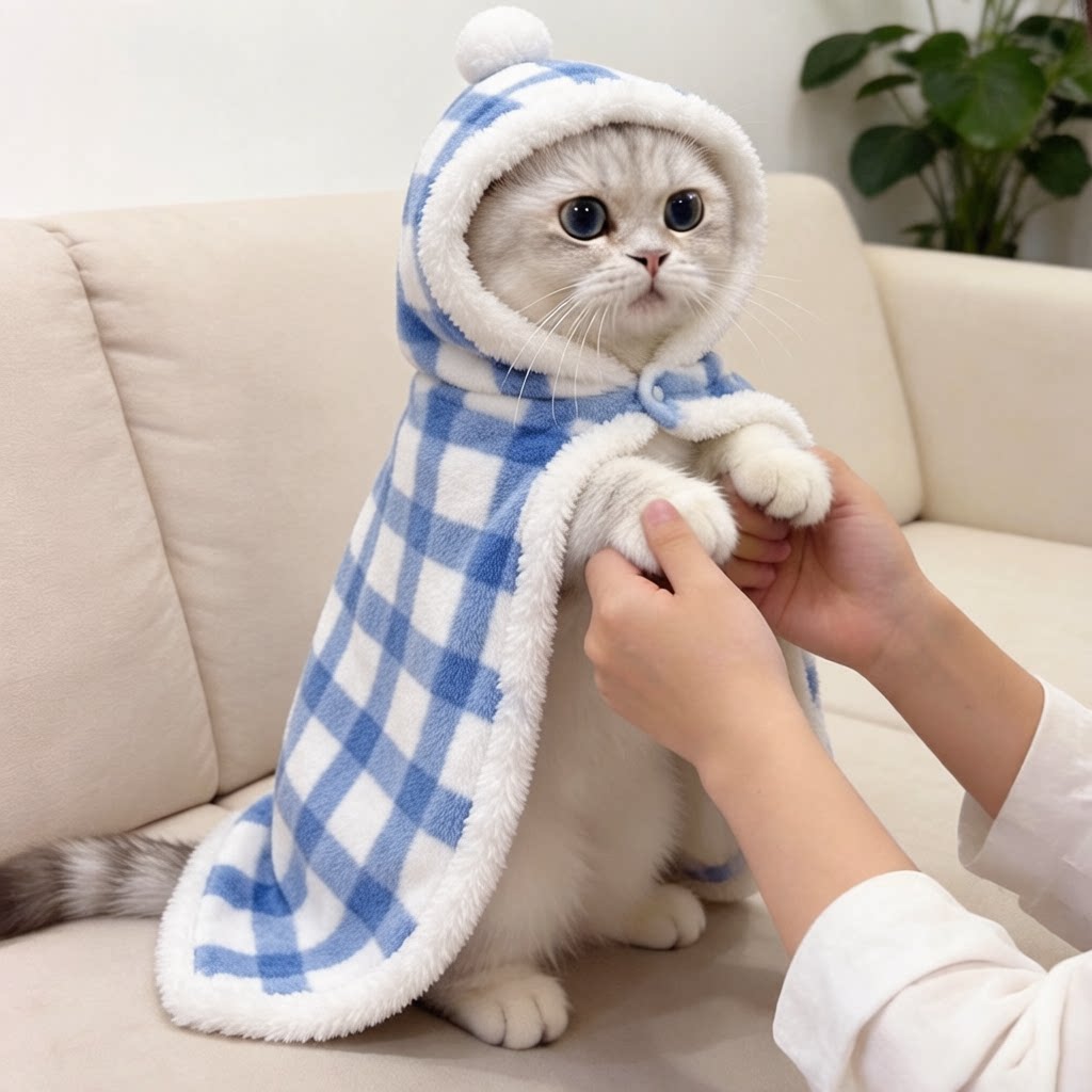 猫咪毛毯宠物斗篷披风被子秋冬保暖卡通格子珊瑚绒连帽家居服睡衣