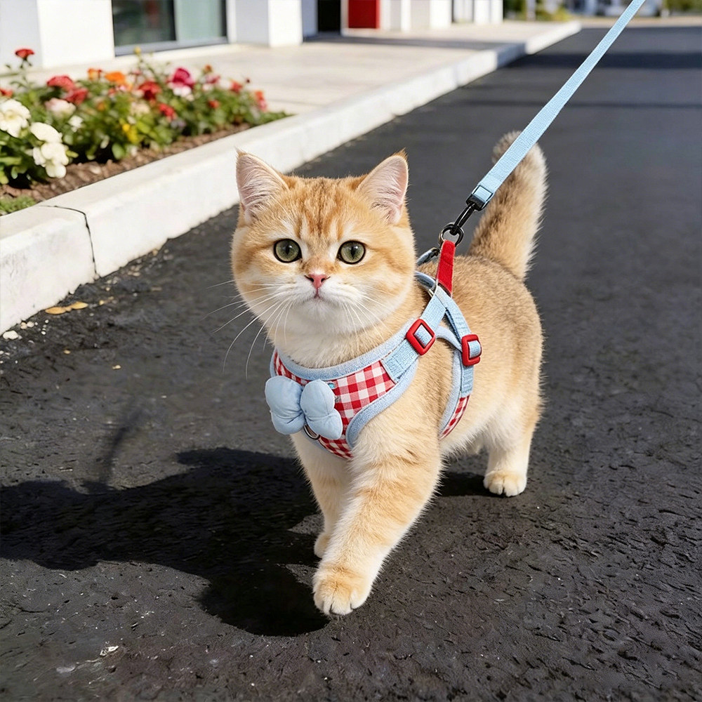 猫咪牵引绳防挣脱遛猫绳子外出幼猫金渐层户外高颜值蝴蝶结方格纹