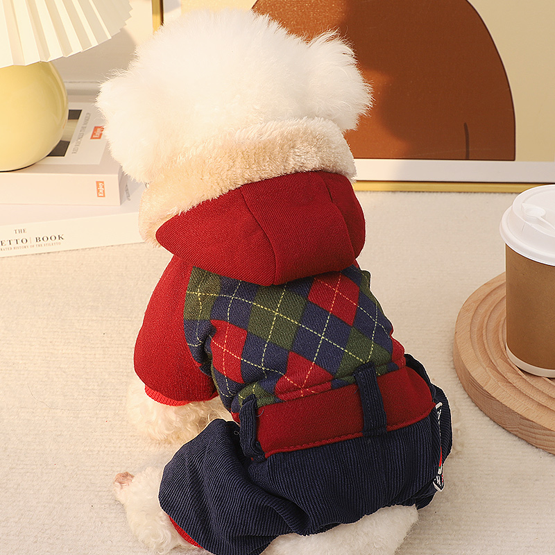 狗狗厚款衣服加绒格子连帽棉服冬装菱格冬天四脚衣泰迪小体犬贵宾