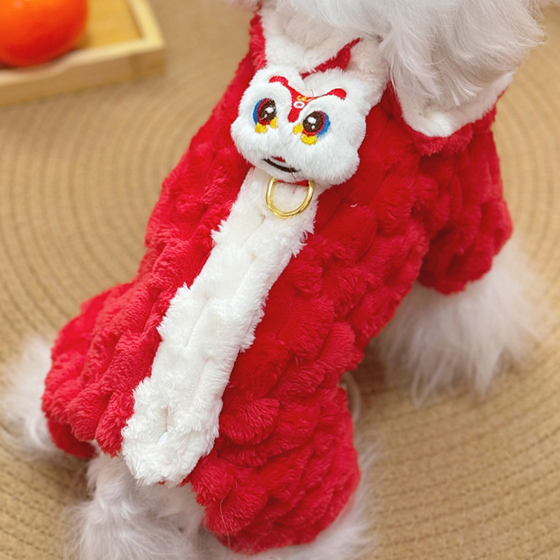 狗狗新年衣服2025新款冬小狗比熊可牵引加绒拜年红色喜庆四脚睡衣