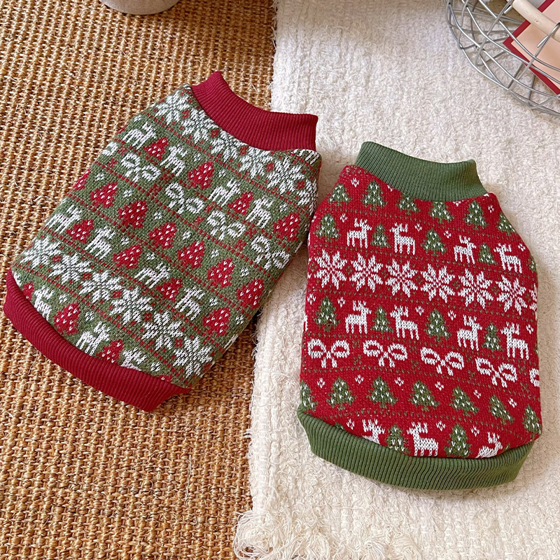 狗狗圣诞衣服小狗红色冬装小型犬西高地博美加厚保暖拼色麋鹿毛衣